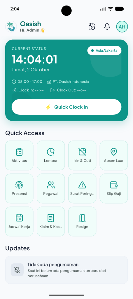 Dasbor Utama Oasish Mobile ESS Karyawan